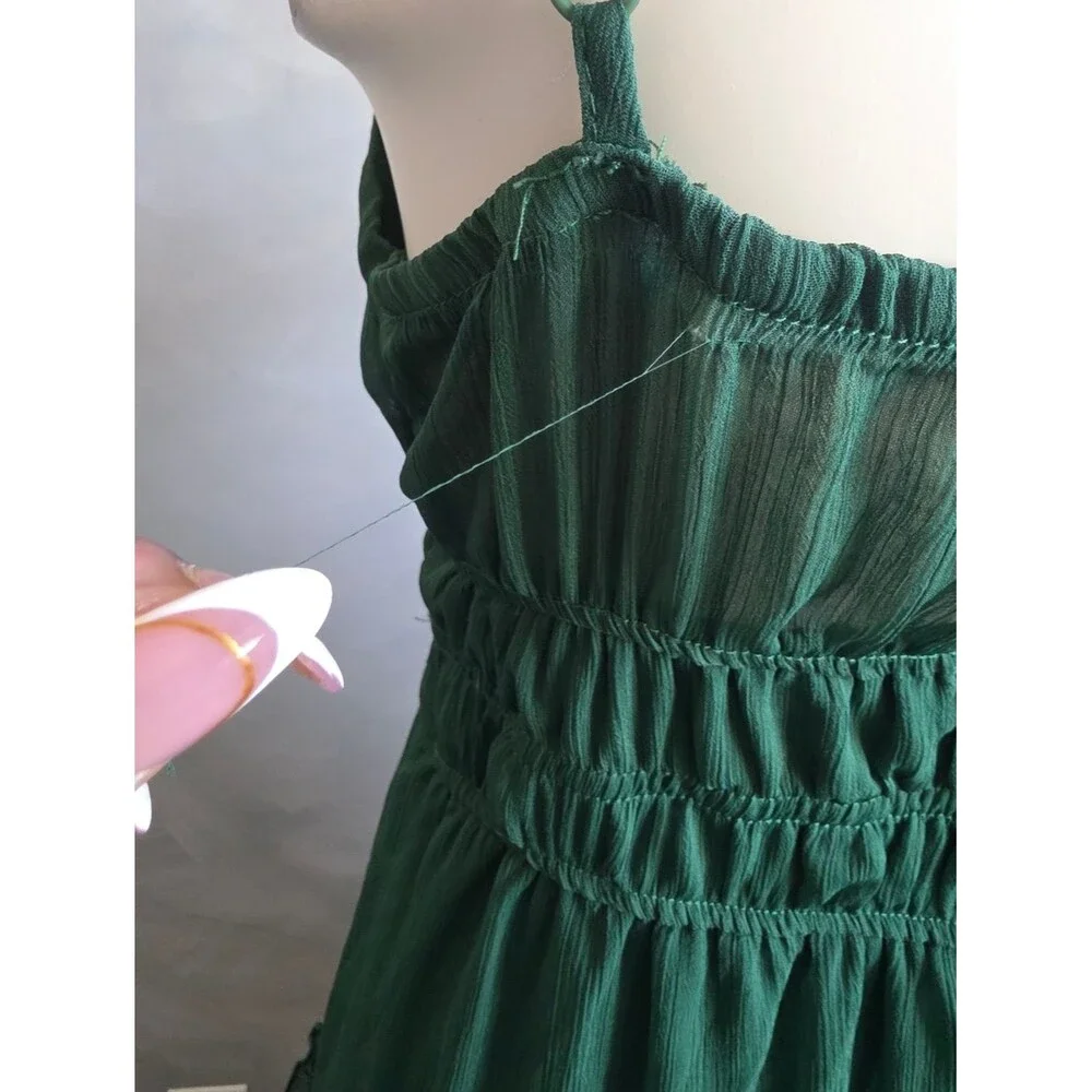 Women's Sleeveless Deep Green V Neck Dress Ruffle Tiered Midi Sz L Babydoll - Picture 6 of 9